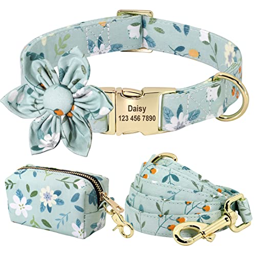 Personalisiertes Hundehalsband-Kotbeutel-Set Bedruckte Nylon-Hundehalsbänder Mit Blumengravur Für Kleine Und Mittelgroße Hunde,168 Grün,L von VEKETE