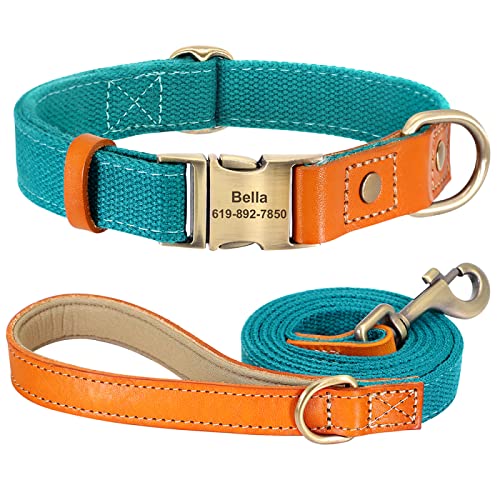 Personalisiertes Hundehalsband-Leine-Set Aus Nylon,Personalisierbar,Echtes Leder,Haustierzubehör,Halsbänder,Leinen Für Hunde,Katzen,Perros,Hundebedarf,Blue,L von VEKETE