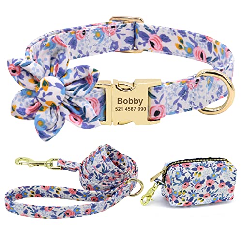 Personalisiertes Hundehalsband Mit Blumenmuster,Leine,Poop-Beutel-Spender,Bedruckt,Benutzerdefiniertes Nylon-Haustier-Hundehalsband Für Kleine,Mittelgroße Hunde,Blue,L von VEKETE