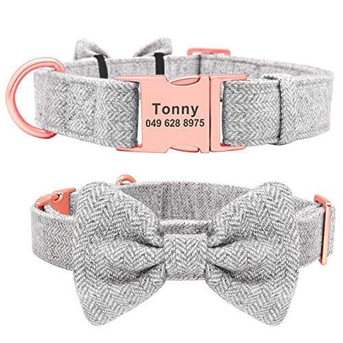 Personalisiertes Hundehalsband Mit Bowknot Haustierhalsbänder Für Kleine Mittelgroße Hunde Französische Bulldogge Hundezubehör,Grauer Kragen,L von VEKETE