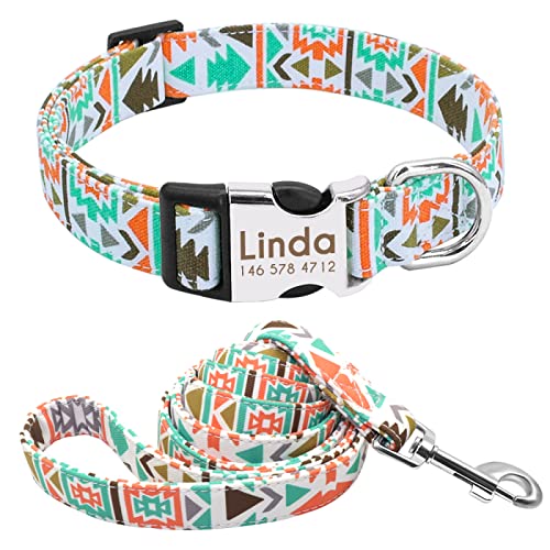 Personalisiertes Hundehalsband Und Leine Aus Nylon,Personalisierbar,Bedruckt,Hundemarke,Graviert,Hundehalsbänder Für Mittelgroße Und Große Hunde,Orange,L von VEKETE