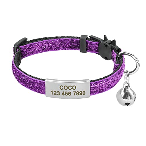 Personalisiertes Katzenhalsband Bling Puppy Kitten ID Tag Collars Bell Safety Custom Graviertes Namensschild Für Kleine Hunde Katzen,Violett,XS von VEKETE