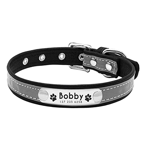 Verstellbares Reflektierendes Nylon-Hundehalsband Für Welpen,Mittelgroß,Unisex,Solides Hundehalsband,Individuell Gravierter Name,Personalisiertes Hundehalsband,Reflektierend-Grau,M von VEKETE