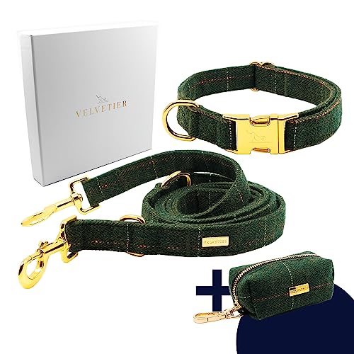 VELVETIER® Oxford | Halsband Hund im Set mit Leine & Beutelspender | Grünes British Tweed | Hunde Halsbänder, Hundehalsband | Hundeleine 2m, Hundeleine mit Halsband (S/M: 29-40cm) von VELVETIER