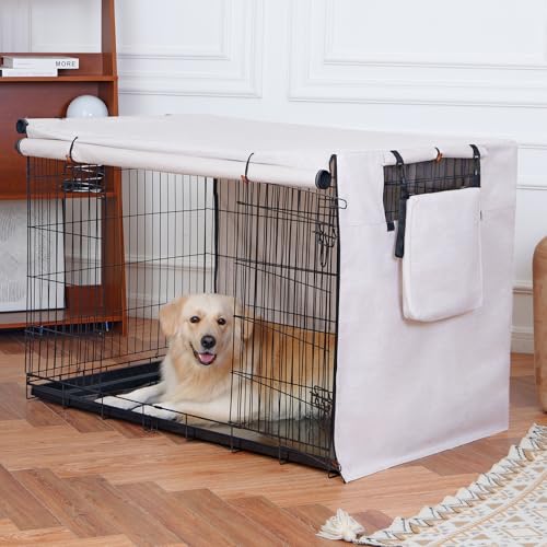 VERABE 600D Hundekäfigabdeckung, wasserdichte Haustierhüttenabdeckung mit Aufbewahrungstasche, Hundekäfigabdeckung passend für 121,9 cm Drahtkiste, 121,9 cm, Beige (nur Abdeckung) von VERABE