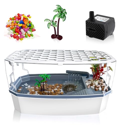 VERABE Kleiner Schildkrötentank mit Deckel, Acryl-Schildkrötenaquarium mit Wasserpumpe, Vollansicht visuell Reptilien-Schildkröten-Lebensraum, leicht zu reinigen und zu wechseln, multifunktionaler von VERABE