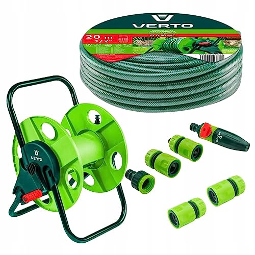 VERTO Schlauchtrommel + Gartenschlauch 20m + Wasserspritze + 3 x Schlauchverbinder, Wasserstop, Hahnverbinder - Gartenbewässerung Komplettes Starterset von VERTO