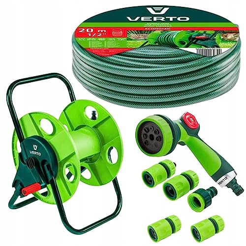 VERTO Schlauchtrommel + Gartenschlauch 20m + Wasserspritze + 3 x Schlauchverbinder, Wasserstop, Hahnverbinder - Gartenbewässerung Komplettes Starterset von VERTO