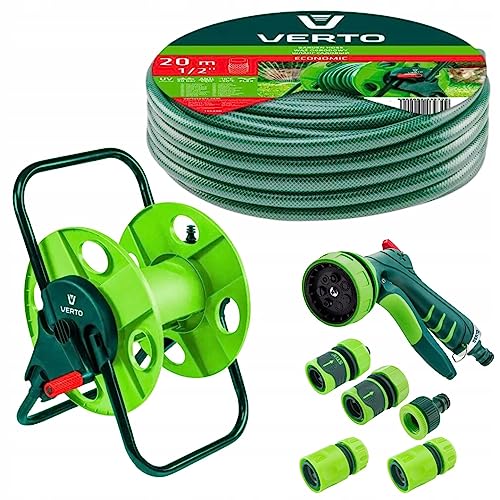 VERTO Schlauchtrommel + Gartenschlauch 20m + Wasserspritze + 3 x Schlauchverbinder, Wasserstop, Hahnverbinder - Gartenbewässerung Komplettes Starterset von VERTO