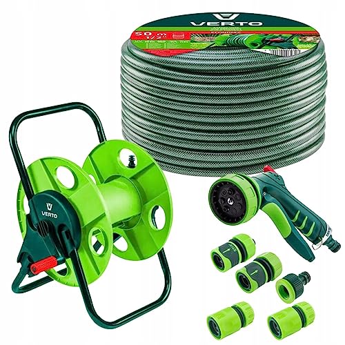 VERTO Schlauchtrommel + Gartenschlauch 50m + Wasserspritze + 3 x Schlauchverbinder, Wasserstop, Hahnverbinder - Gartenbewässerung Komplettes Starterset von VERTO