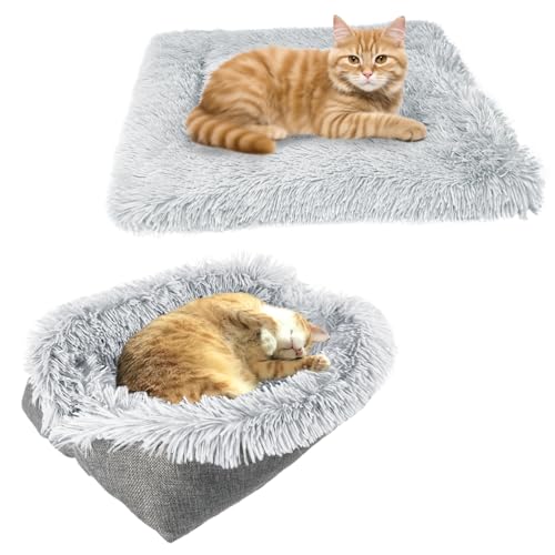 VERTUPET 2-in-1 Flauschiges Katzenbett und Kissen, Weiches Waschbares Haustiersofa für Katzen und Kleine Hunde Faltbar Komfortabler Schlafplatz für Haustiere von VERTUPET