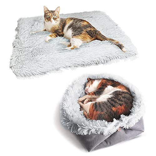 VERTUPET Katzenbett 2 in 1 Flauschig katzenkissen Plüsch Weich Katzenkissen Waschbar Schlafplatz Katzensofa, Haustierbett Hundebett Katzendecke für Katze und Kleine Hunde (Grau) von VERTUPET