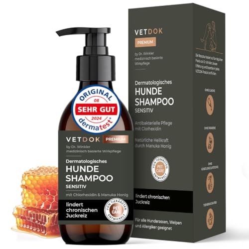 Vet DOK® Dr. Winkler dermatologisches Hundeshampoo sensitiv gegen Juckreiz & Geruch – Fellpflege für ihren Hund mit Manuka-Honig & CBD – für alle Hunderassen, Welpen & speziell Allergiker – 250ml von VETDOK