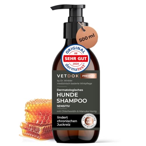 Vet DOK® Dr. Winkler dermatologisches Hundeshampoo sensitiv gegen Juckreiz & Geruch – Fellpflege Hund mit Manuka-Honig & Chlorhexidin – für alle Hunderassen, Welpen & speziell Allergiker – 500ml von VETDOK