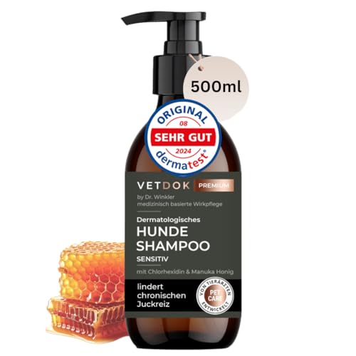 Vet DOK® Dr. Winkler dermatologisches Hundeshampoo sensitiv gegen Juckreiz & Geruch – Fellpflege für ihren Hund mit Manuka-Honig & CBD – für alle Hunderassen, Welpen & speziell Allergiker – 500ml von VETDOK