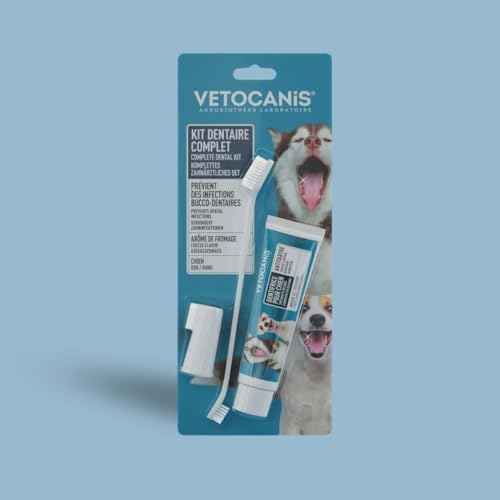 Vetocanis Bio00068 Zahnpflegeset für Hunde, mit Zahnbürste, Zahnpasta und Massagebürste, Geschmack Biscuit, 1 stück (1er Pack) von VETOCANIS