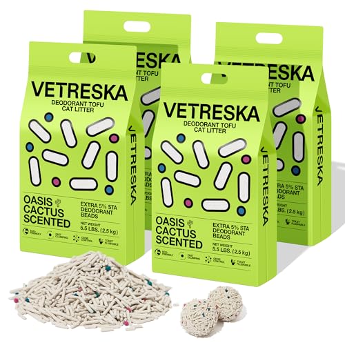 VETRESKA Cactus Tofu Katzenstreu, Geruchskontrolle, klumpendes Katzenstreu, ultra wasserabsorbierendes Bentonie Tofu Katzenstreu, staubfreies Katzenstreu, Low Tracking Katzenstreu (4 Beutel) von VETRESKA