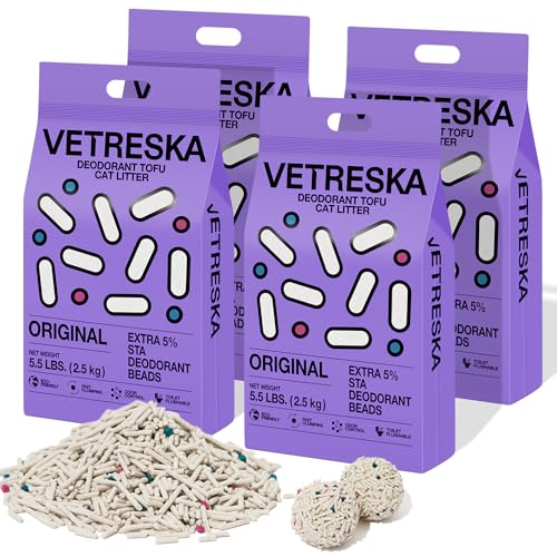 VETRESKA Tofu Katzenstreu, spülbar, klumpend, rein, natürlich, staubfrei, geringe Spurung, geruchsfrei, ultra-saugfähiges Katzenstreu (Original × 4 Beutel) von VETRESKA