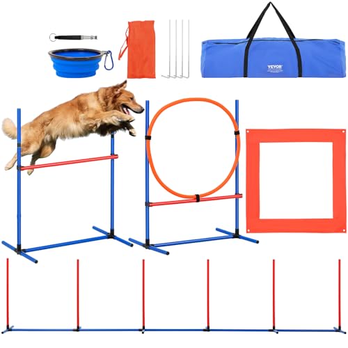 VEVOR Agility Set Hunde, 4-teiliges Set mit verstellbaren hohen Hürden, 6 Slalomstangen, Sprungring, quadratischer Pausenbox, Pfeife, Faltbarer Schüssel, Hindernisparcours-Set für Welpen von VEVOR