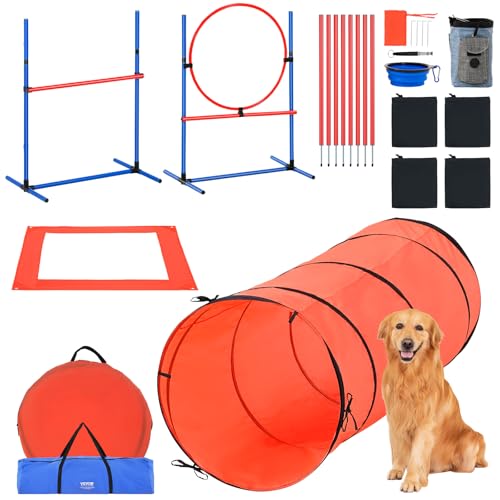 VEVOR Agility Set Hunde, 5-teiliges Kombinationsset mit verstellbaren Hürden, 6 Slalomstangen, Tunnel, Sprungring, Pausenbox, Pfeife, Faltbarer Schüssel, Tasche, Agility Ausrüstung für Hundetraining von VEVOR