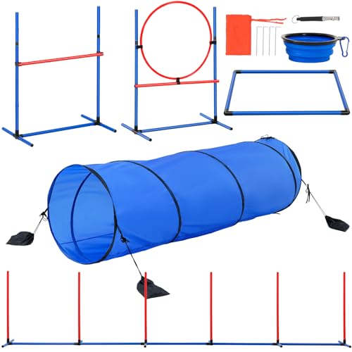 VEVOR Agility Set Hunde, 5-teiliges Set mit verstellbaren hohen Hürden, 6 Slalomstangen, Tunnel, Sprungring, Pausenbox, Pfeife, Faltbarer Schüssel, Hindernisparcours-Set mit Aufbewahrungstaschen von VEVOR