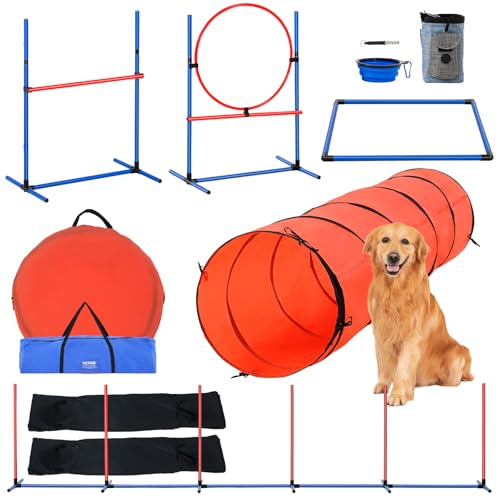 VEVOR Agility Set Hunde, 5-teiliges Upgrade-Set mit verstellbaren hohen Hürden, 6 Slalomstangen, verlängertem Tunnel, Sprungring, Pausenbox, Pfeife, faltbarem Napf, Hindernisparcours-Set mit Tasche von VEVOR