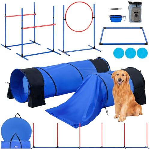 VEVOR Agility Set Hunde, 7-teiliges Set mit verstellbaren hohen Hürden, 6 Slalomstangen, 2 Tunneln, Sprungring, Pausenbox, 3 Frisbees, Pfeife, faltbarem Napf, Hindernisparcours-Set mit Taschen von VEVOR