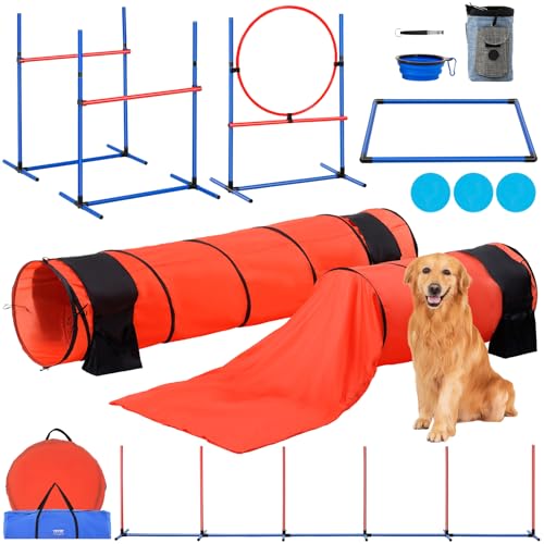 VEVOR Agility Set Hunde, 7-teiliges Upgrade-Set mit verstellbaren hohen Hürden, 6X Slalomstangen, 2X Tunneln, Sprungring, Pausenbox, 3X Frisbees, Pfeife, Faltbarer Schüssel, Hindernisparcours-Set von VEVOR