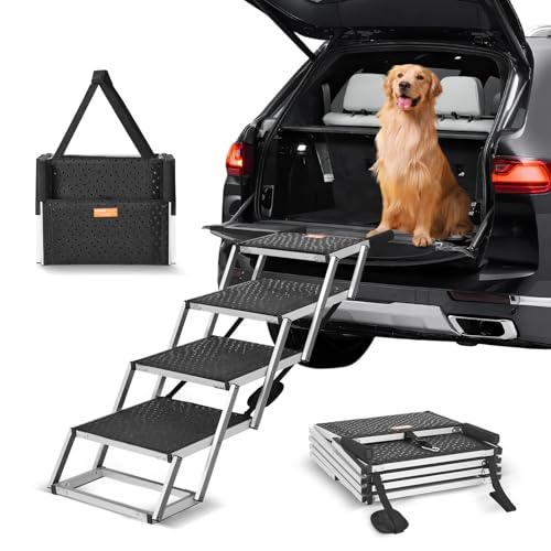 VEVOR Hundetreppe für Autos, breite 4-stufige Hundeautotreppe, zusammenklappbare Hundeautorampe mit Rutschfester Oberfläche, tragbare Haustiertreppe aus leichtem Aluminium für Auto, SUV und LKW von VEVOR