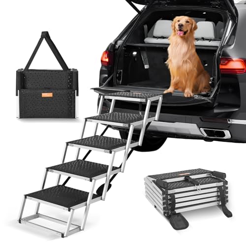 VEVOR Hundetreppe für Autos, breite 4-stufige Hundetreppe, zusammenklappbare Hunderampe mit Rutschfester Oberfläche, tragbare Haustiertreppe, leichtes Aluminium für Auto, SUV und LKW, unterstützt bis von VEVOR