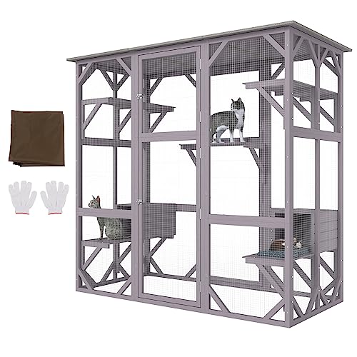 VEVOR Katzenkäfig Condo Catio Katzengehege aus Holz mit 5 Plattformen, 7-stöckiger Haustier-Laufstall mit 2 Ruheboxen, Katzenkiste Katzenhütte mit wasserdichtem Dach, 180 cm L x 88 cm B x 168 cm H von VEVOR