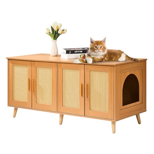 VEVOR Katzenschrank, Katzenklo Schrank versteckt mit Rattan-verzierten Türen, Katzentoilettenschrank aus Holz passt in die meisten Katzentoiletten, 1,19 m L x 0,5 m B x 0,55 m H, Holzfarbe von VEVOR