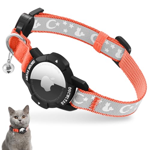 Reflektierend Airtag Katzenhalsband mit Sicherheitsverschluss und Glöckchen, Verstellbar Halsband Katze mit Apple Airtag Hülle (Orange, Kätzchen 18-26cm) von VEYALISE