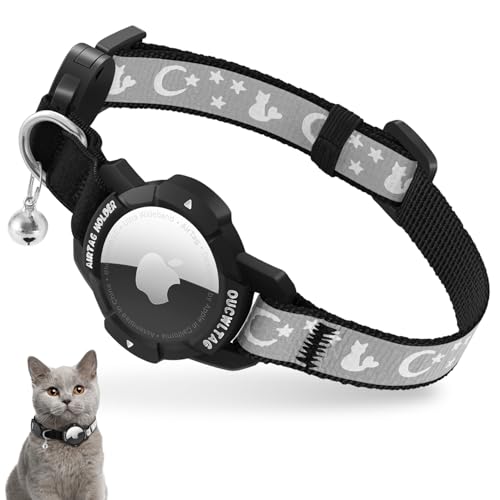 Reflektierend Airtag Katzenhalsband mit Sicherheitsverschluss und Glöckchen, Verstellbar Halsband Katze mit Apple Airtag Hülle (Schwarz, Kätzchen 18-26cm) von VEYALISE