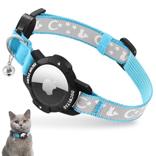 Reflektierend Airtag Katzenhalsband mit Sicherheitsverschluss und Glöckchen, Verstellbar Halsband Katze mit Apple Airtag Hülle (Blau, Kätzchen 18-26cm) von VEYALISE