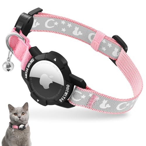 Reflektierend Airtag Katzenhalsband mit Sicherheitsverschluss und Glöckchen, Verstellbar Halsband Katze mit Apple Airtag Hülle (Rosa, Kätzchen 18-26cm) von VEYALISE