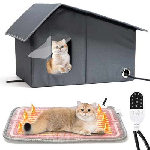 [Timer] Beheiztes Katzenhaus mit thermostatischem Heizkissen, Katzenunterlage und Fluchttür, Outdoor-Kitty-Haus, Katzenhütte, isoliertes Winter-Haustierhaus für Wildkatzen, kleine Hunde, 53,3 x 39,1 x von VICAMB