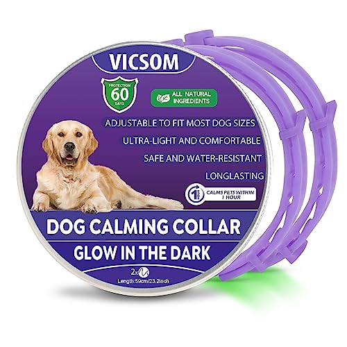 VICSOM Beruhigungshalsband für Hunde, Leuchtendes Hunde Halsband Beruhigungshalsbänder, Pheromon Wasserdichtes Leuchtendes Angst Relief Anti Stress Hundehalsband für alle Hund 2-Stück Violett von VICSOM