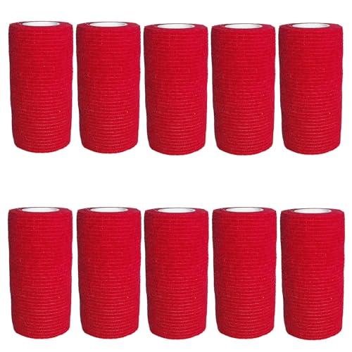 VIERSHU 10 Rollen Selbstklebender Elastische Verband Gipsbinden Bandage Haftbandage Selbsthaftende Wasserfest Binde Sport Tape für Knie Beine Hand Wrist und Sprunggelenk 10cm x 4.5m (Rot) von VIERSHU