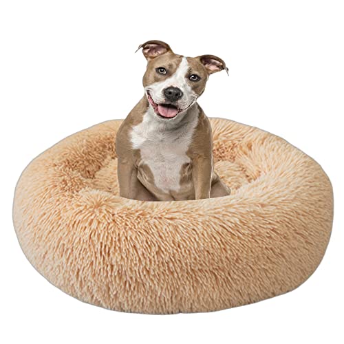 Bequemes Haustierbett für Katzen oder Hunde, mehrere Größen, Anti-Angst, verbessertes Schlafen, beruhigendes Donut-Hundebett, kleines Welpenbett, rundes Katzensofa, 100 cm, Hellgelb von VIKAUL