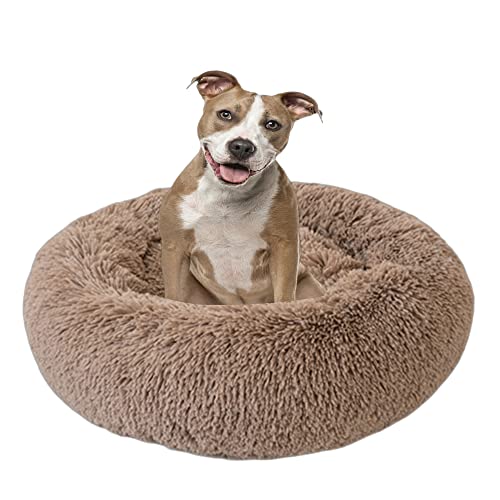 Bequemes Haustierbett für Katzen oder Hunde, mehrere Größen, Anti-Angst, verbessertes Schlafen, beruhigendes Donut-Hundebett, kleines Welpenbett, rundes Katzensofa, 100 cm, Khaki von VIKAUL