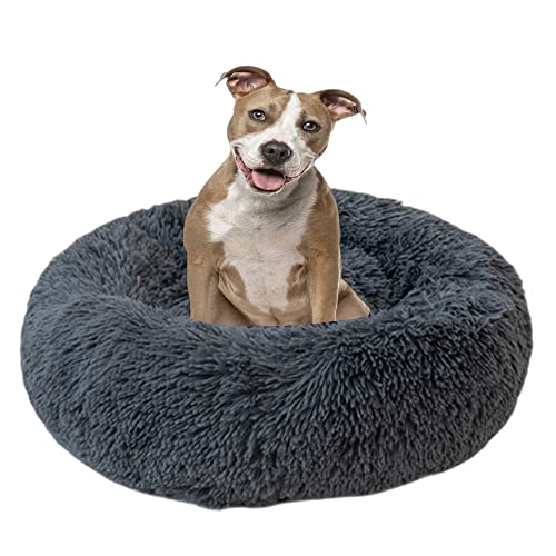 Bequemes Haustierbett für Katzen oder Hunde, mehrere Größen, Anti-Angst, verbessertes Schlafen, beruhigendes Donut-Hundebett, kleines Welpenbett, rundes Katzensofa, 120 cm, Dunkelgrau von VIKAUL