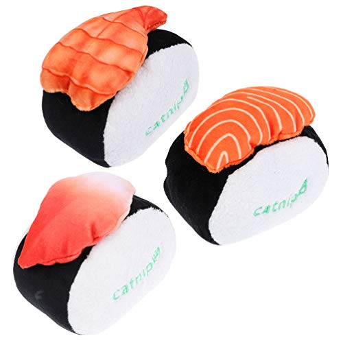 3 x Katzenminze-Spielzeug - Sushi-Katzenspielzeug, bissresistent, Kätzchenspielzeug, Lachs, arktische Muscheln, frische Garnelen, Plüsch, bedruckte Spielzeuge, Zahnreinigung, Quietschspielzeug für von VILLCASE