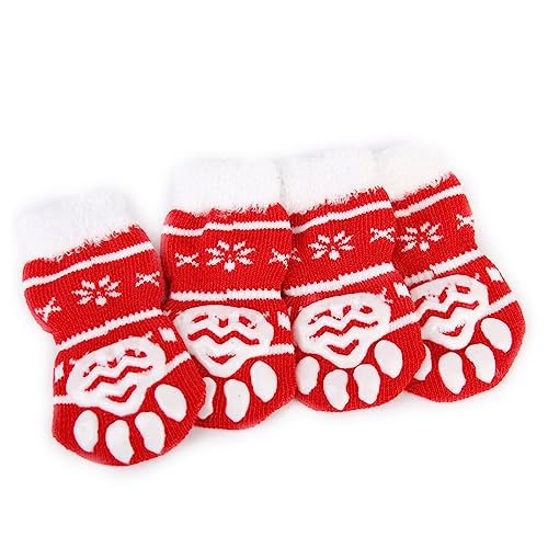 VILLFUL 4 Stück Weihnachtssocken für Haustiere Hunde Welpen Katzen rutschfeste Socken Größe S rot warme Baumwolle für den sicheren Einsatz im Freien von VILLFUL