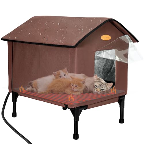 Beheiztes Katzenhaus für draußen im Winter, erhöhte, wasserdichte, isolierte Katzenhäuser für Outdoor-Katzen, beheizter Wildkatzen-Unterschlupf für mehrere Katzen, 55,9 x 47 x 56,6 cm, Braun, Größe L von VILRAK