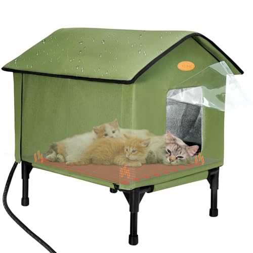 Beheiztes Katzenhaus für draußen im Winter, erhöhte, wasserdichte, isolierte Katzenhäuser für Outdoor-Katzen, beheizter Wildkatzen-Unterschlupf für mehrere Katzen, 55,9 x 47 x 56,6 cm, Grün, Größe L von VILRAK