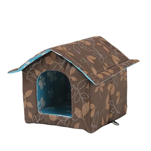 Outdoor Katzenhaus Wasserabweisendes Oxford-Tuch Warmes Katzenhaus Abnehmbar Faltbar Outdoor Häuser für Wildkatzen Hunde (Blattmuster, Kleines Haus) von VINGVO