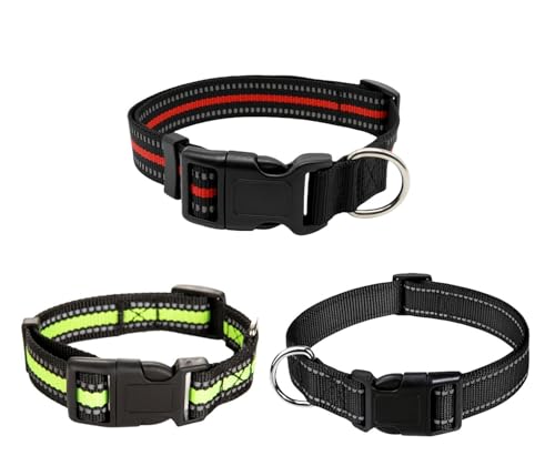 VINPAM-Strapazierfähige Hundehalskette aus Nylon mit reflektierenden Streifen und D-Ringen aus Metall, perfekt für kleine bis mittelgroße Hunde und Welpen (L, rot) von VINPAM