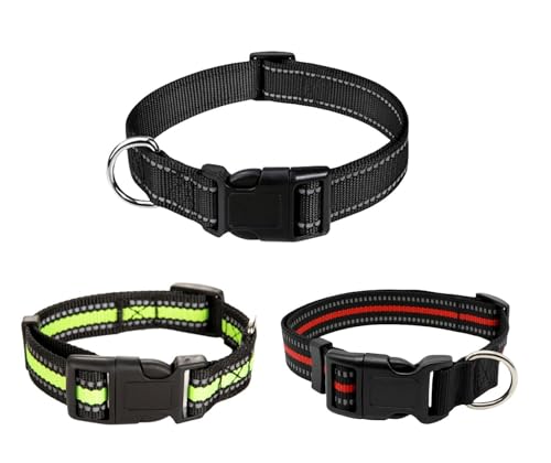 VINPAM-Strapazierfähige Hundehalskette aus Nylon mit reflektierenden Streifen und D-Ringen aus Metall, perfekt für kleine bis mittelgroße Hunde und Welpen(L, schwarz) von VINPAM