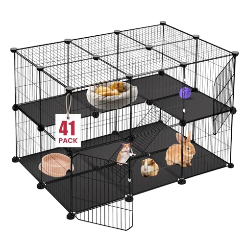 VISCOO 41 Paneele Haustier Laufstall, Kleintier Laufstall mit 2 Türen, C&C Käfig für Meerschweinchen, Kaninchen, Hase, Igel, Chinchillas, Welpenlaufstall Indoor Outdoor, Zweistöckiger Metalldraht von VISCOO